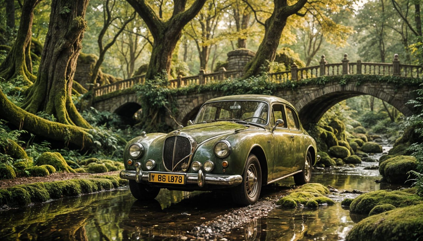 Baroque Fantasy Car on Enchanted Bridge in Whimsical Woods