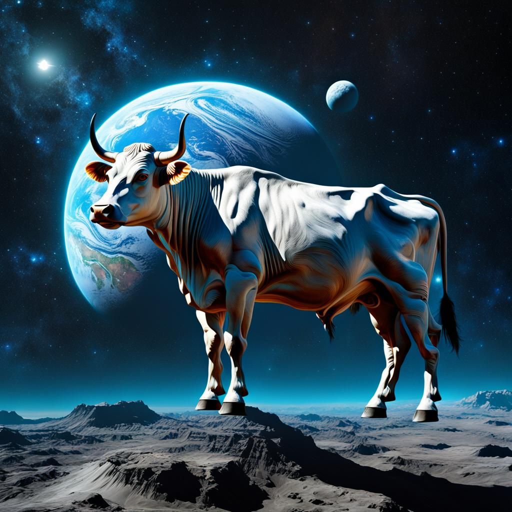 A floating cow in space