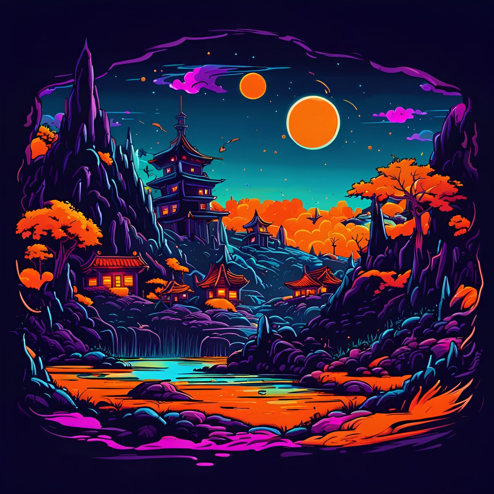 Anime Halloween Landscape T-Shirt Graphic in Neon Colors