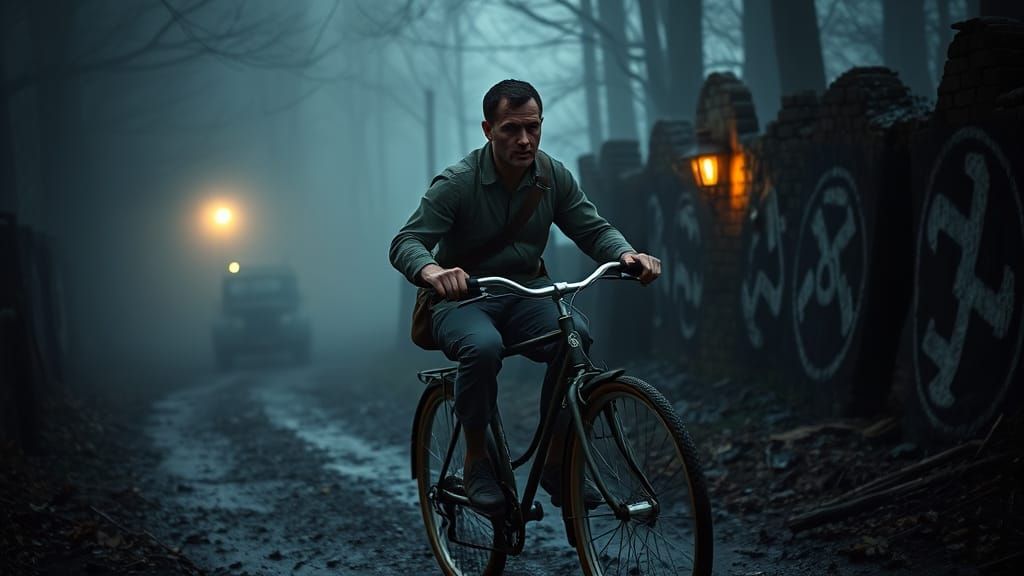 WWII Paratrooper on Bicycle in Foggy Forest, Film Noir