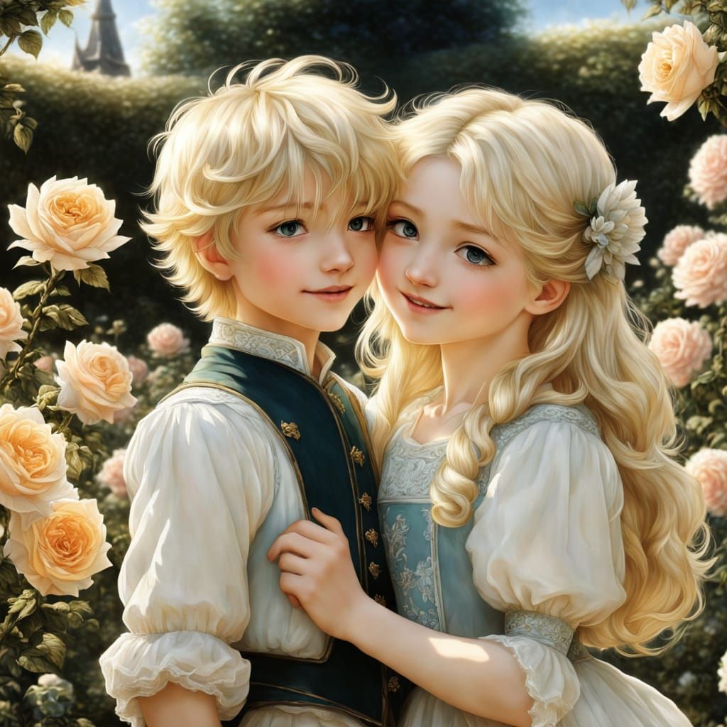 Cheerful Siblings in Radiant Rose Garden
