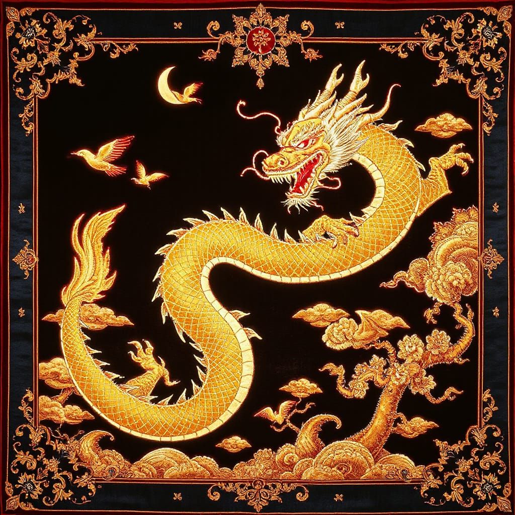 Luminous Embroidered Fantasy Tapestry. Chinese Golden Dragon...