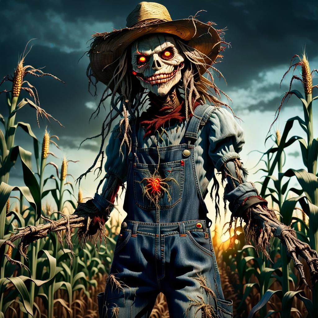 Hyper-Realistic Horror Scarecrow in Cornfield