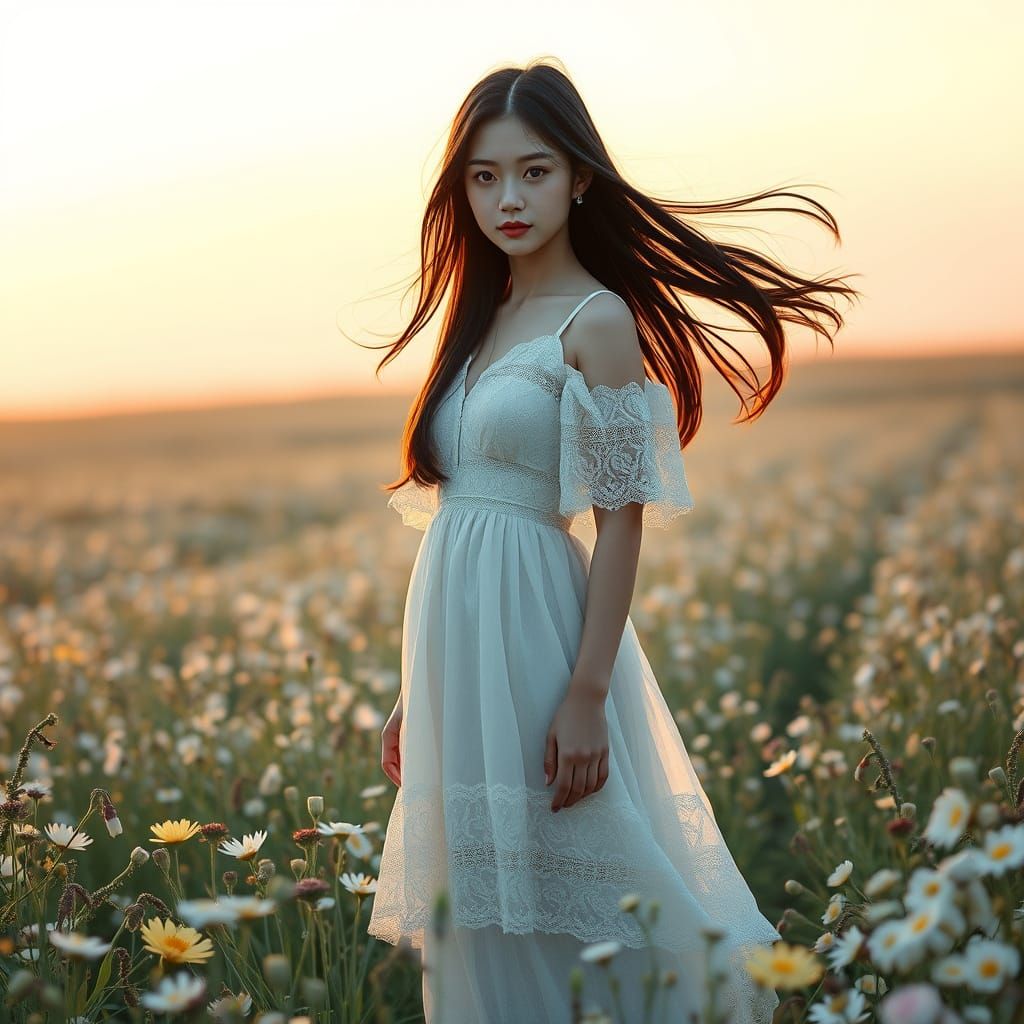 Japanese Woman in Wildflower Field at Dawn