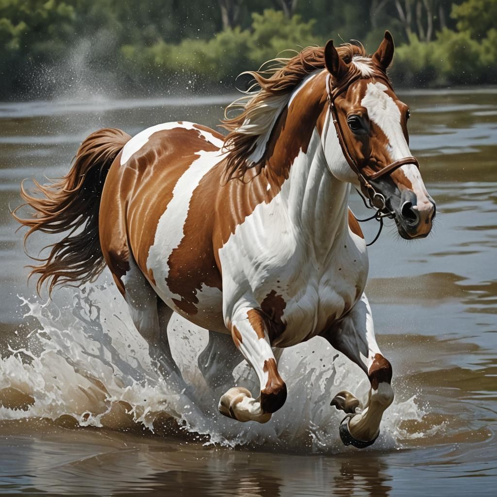 Majestic Paint Horse Galloping Through Water