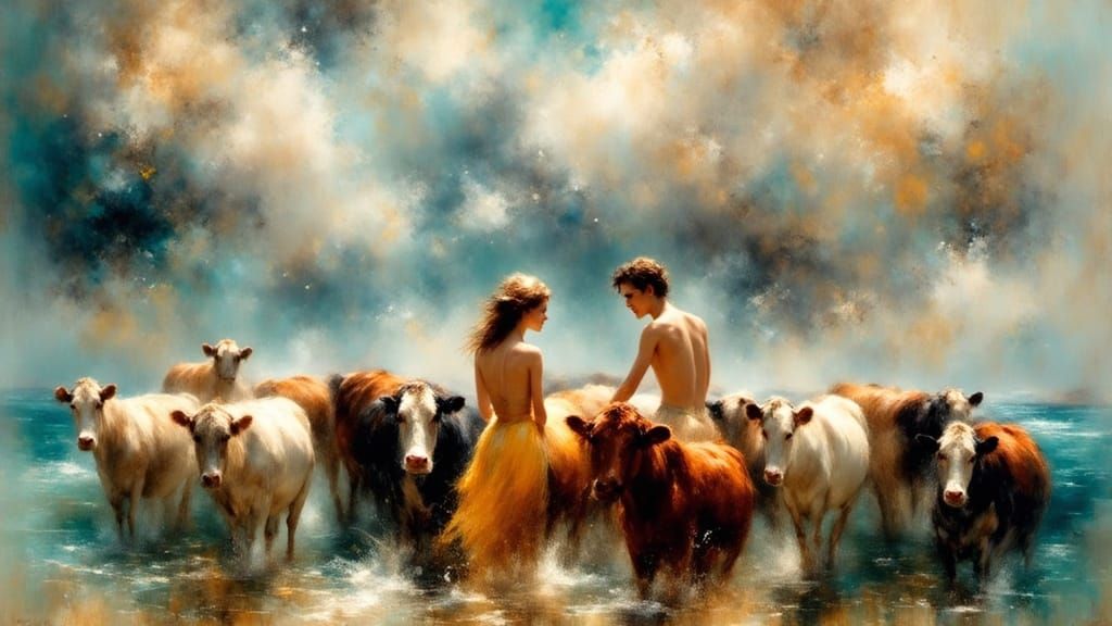 Lovers' Embrace in Barn, Impressionistic Oil Painting