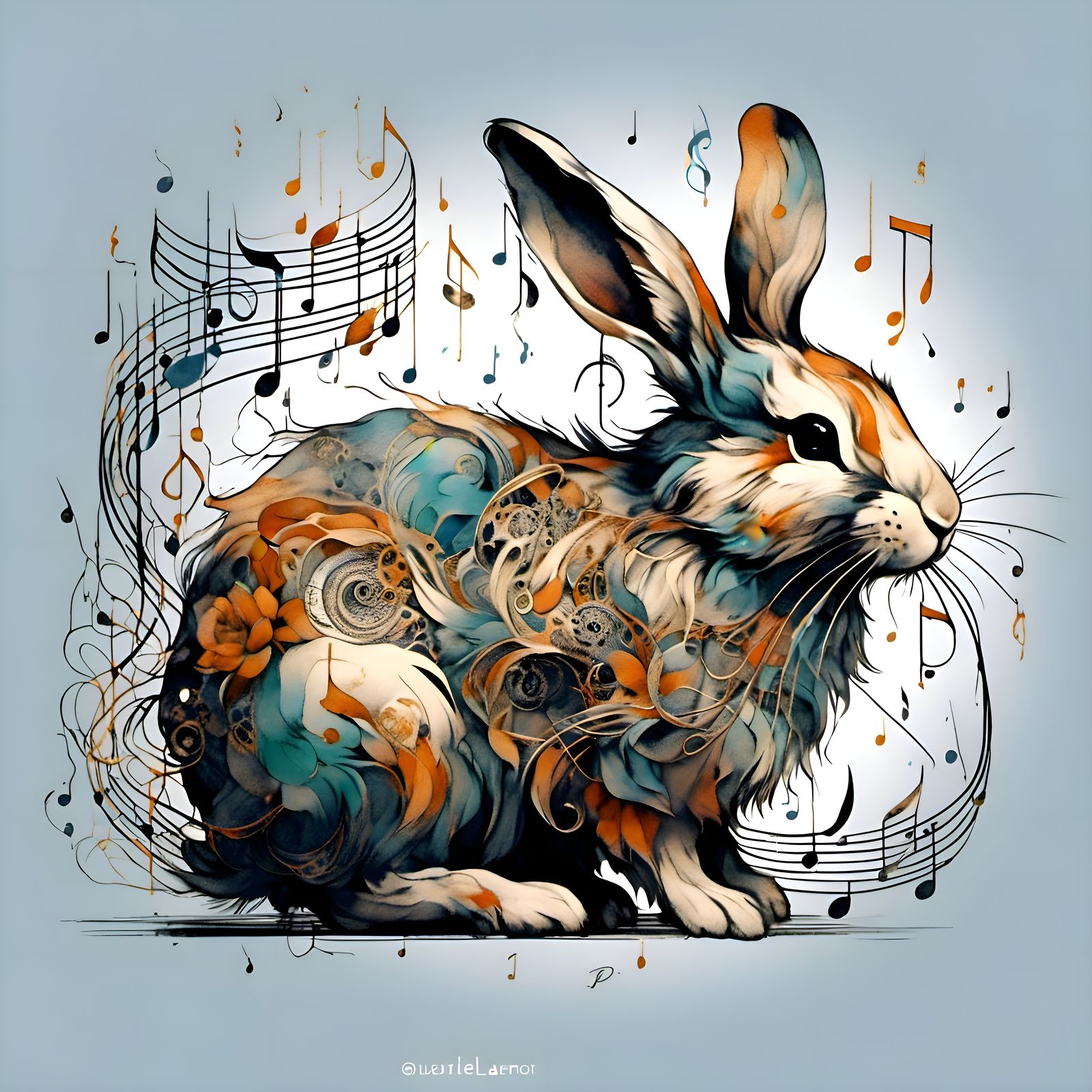 Colorful Rabbit Tattoo Design with Musical Elements