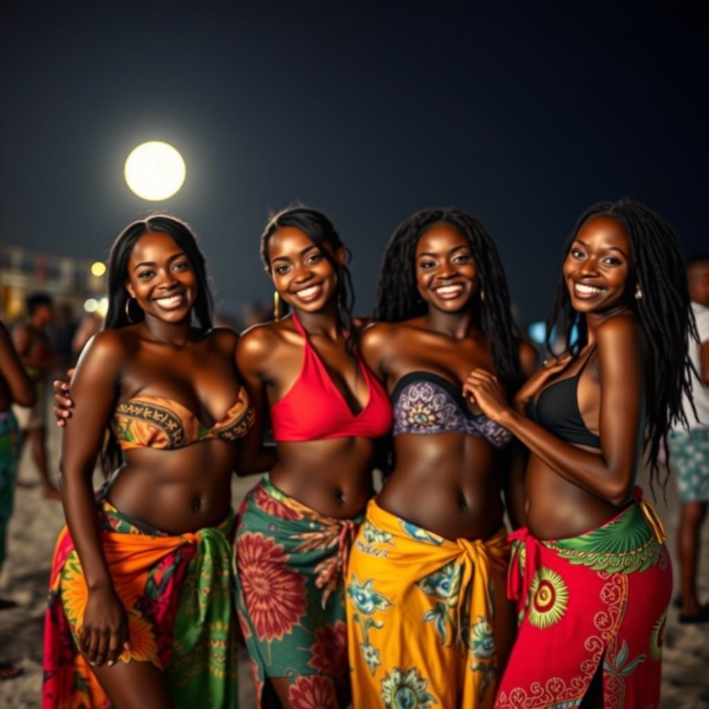 Smiling Women Celebrate on Moonlit Beach: Photorealistic Sty...