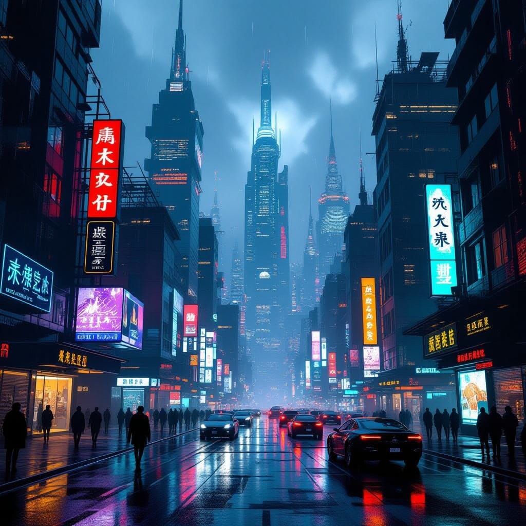 Cyberpunk Cityscape with Neon Lights and Futuristic Architec...
