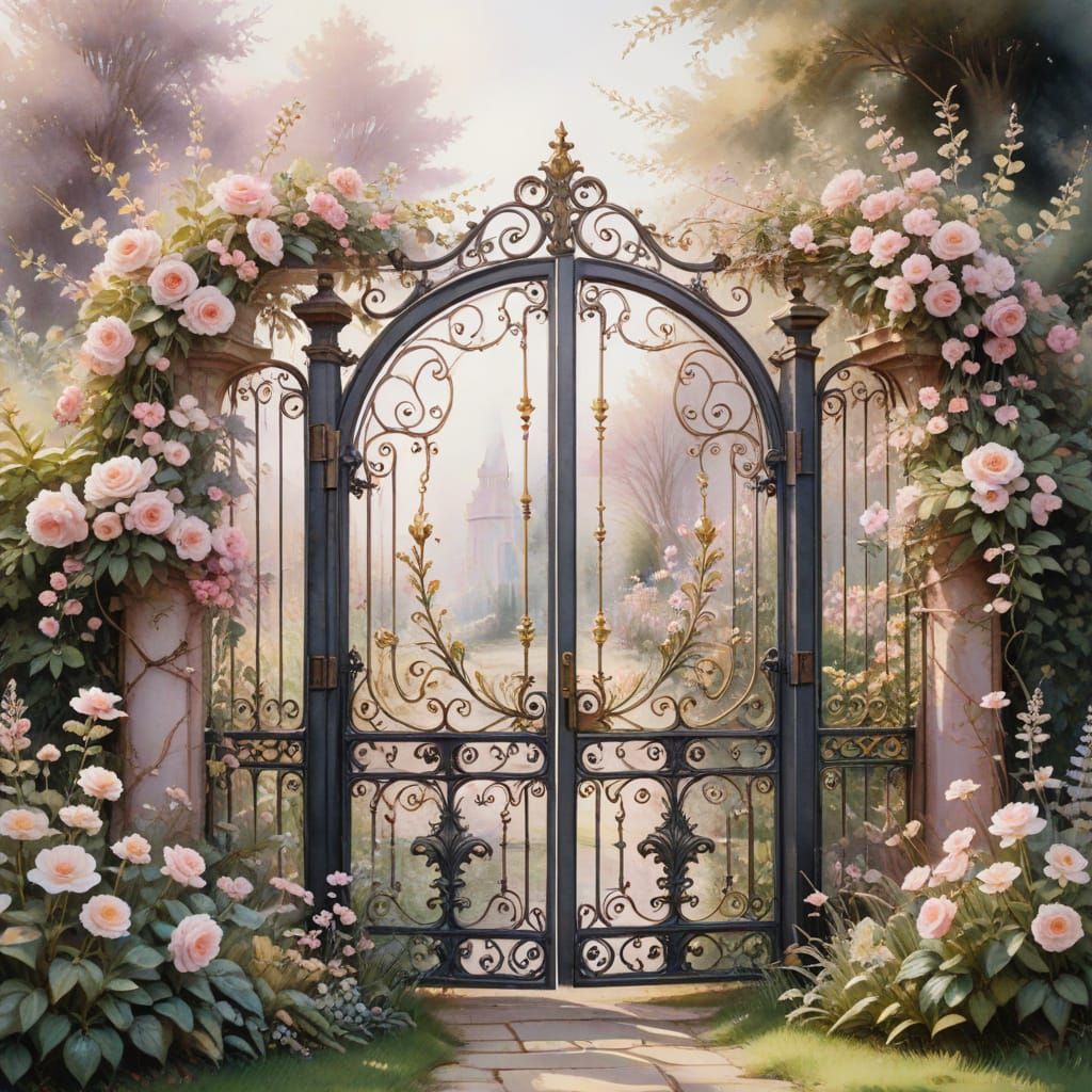 Victorian Fantasy Garden Gate in Watercolor Style