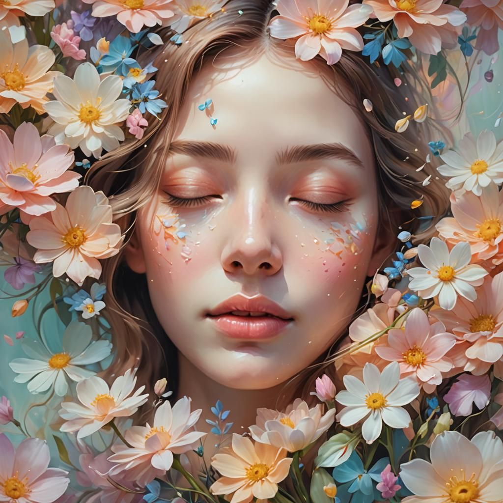 Dreamlike Portrait with Floating Flowers in Oil Painting Sty...