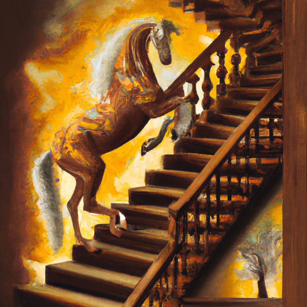 Surreal Horse Ascending Existential Staircase in Warm Tones