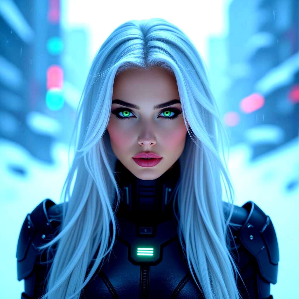 Silver-Haired Warrior in Snowy Cyberpunk Landscape