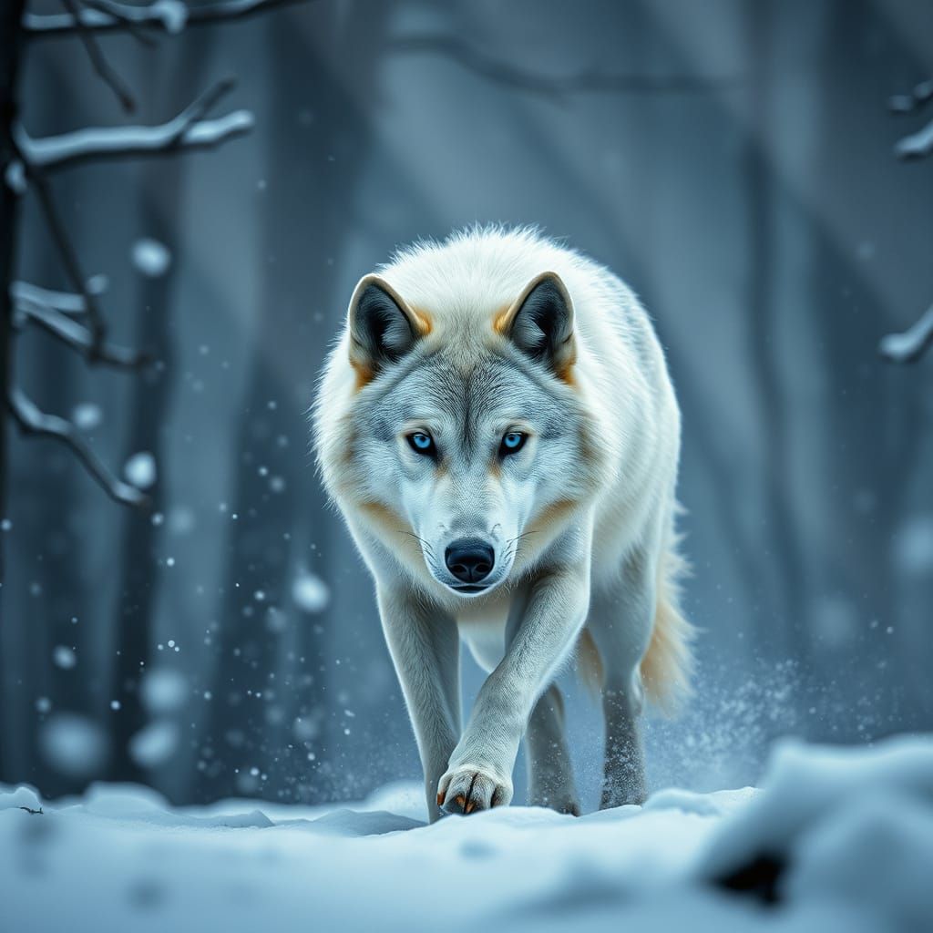 Regal Silver-Tipped Wolf Prowls Through Snow-Shrouded Forest...