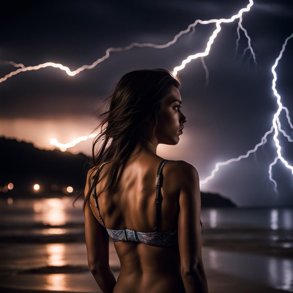Sad Girl Watches Lightning on Beach at Night