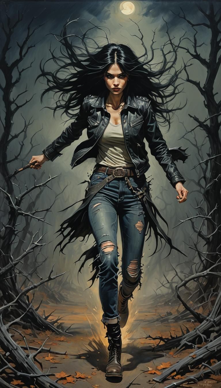 Seductress Witch Running Among Thorns in Oil Painting Style