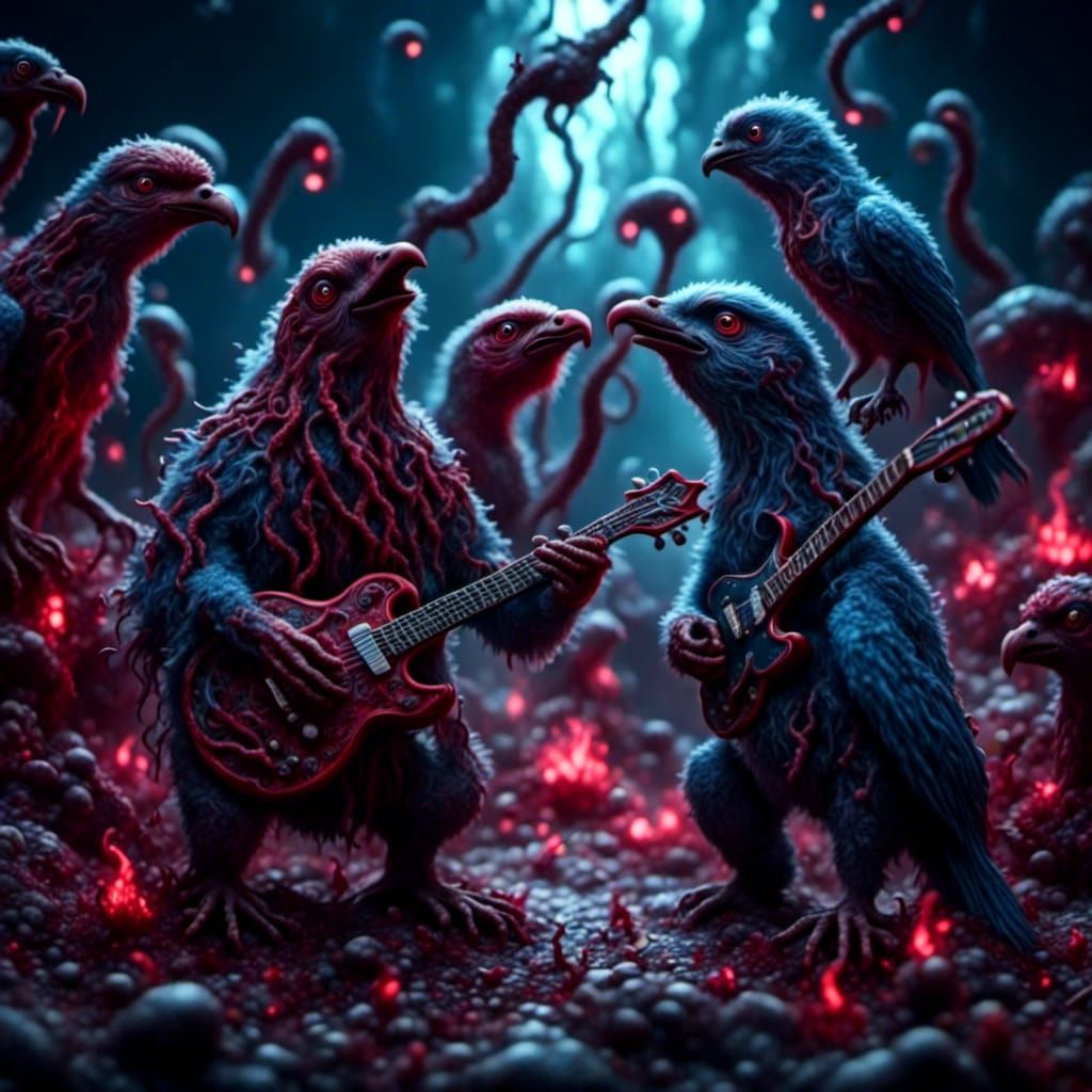 Birds Rocking Together with Guitars in Hyperrealism