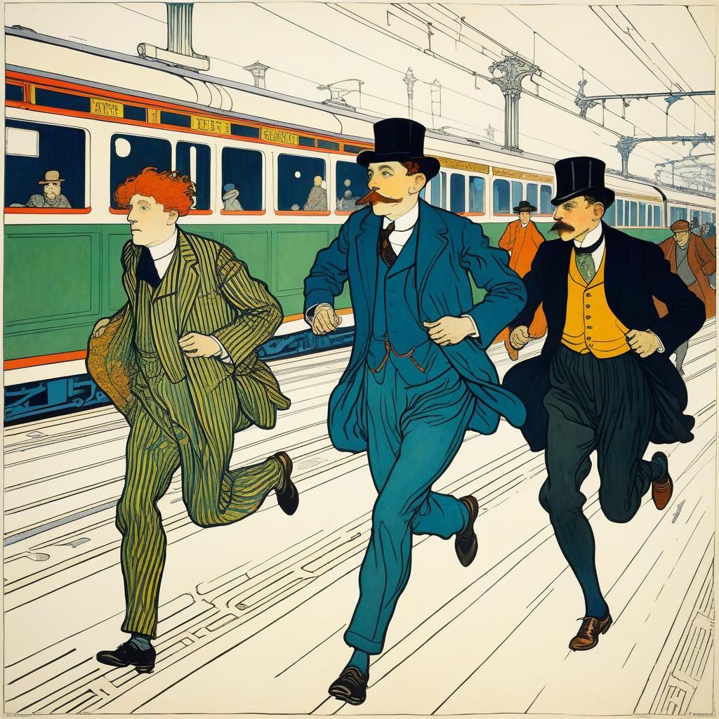 Parisian Gentlemen Race to Catch Train: Art Nouveau Style