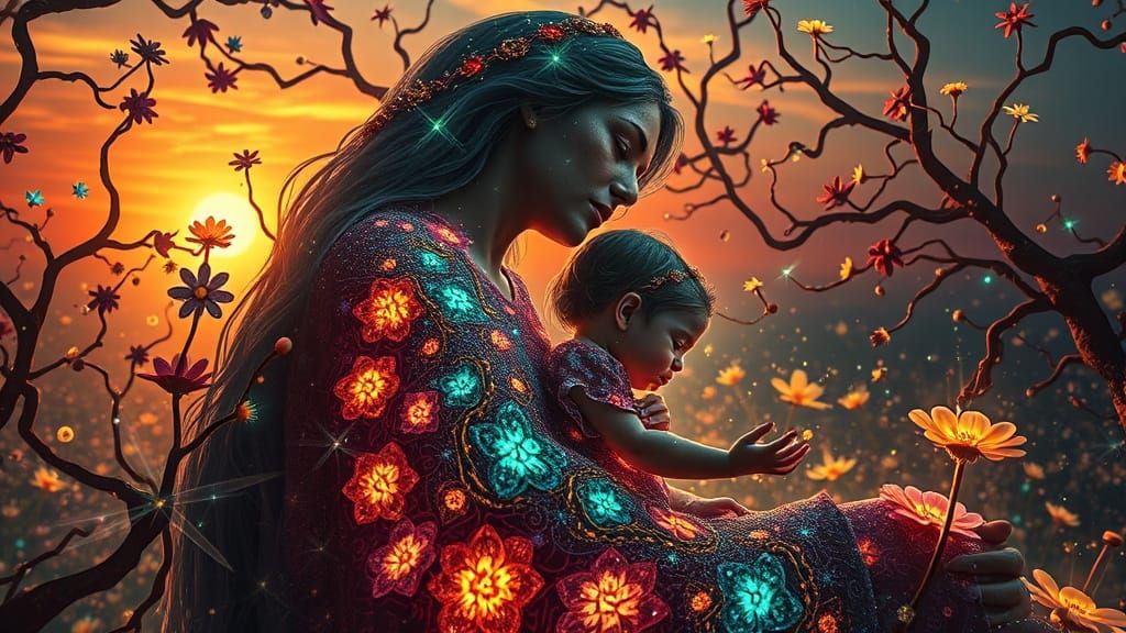 Dreamlike Mother and Child in Labyrinth of Light, with Whims...