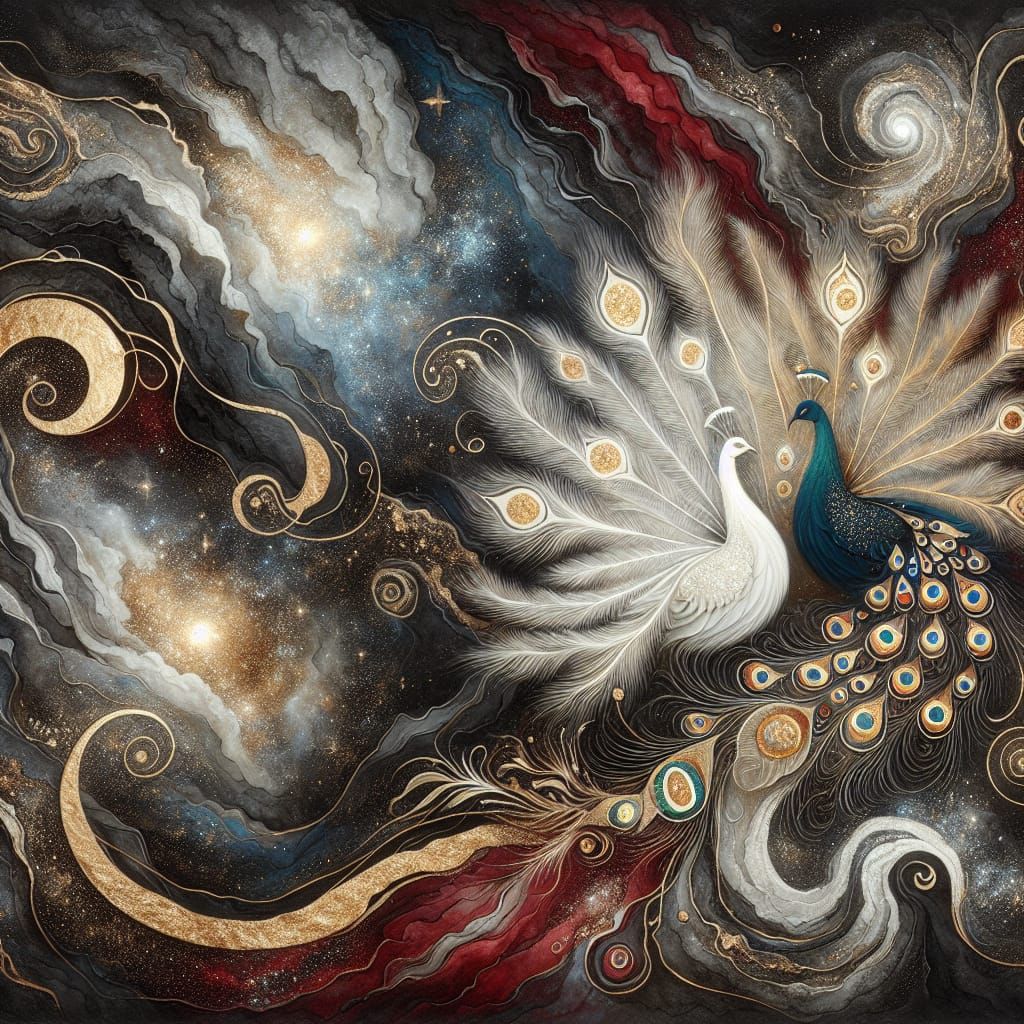 Luxurious Celestial Peacock Masterpiece in Obsidian and Gold