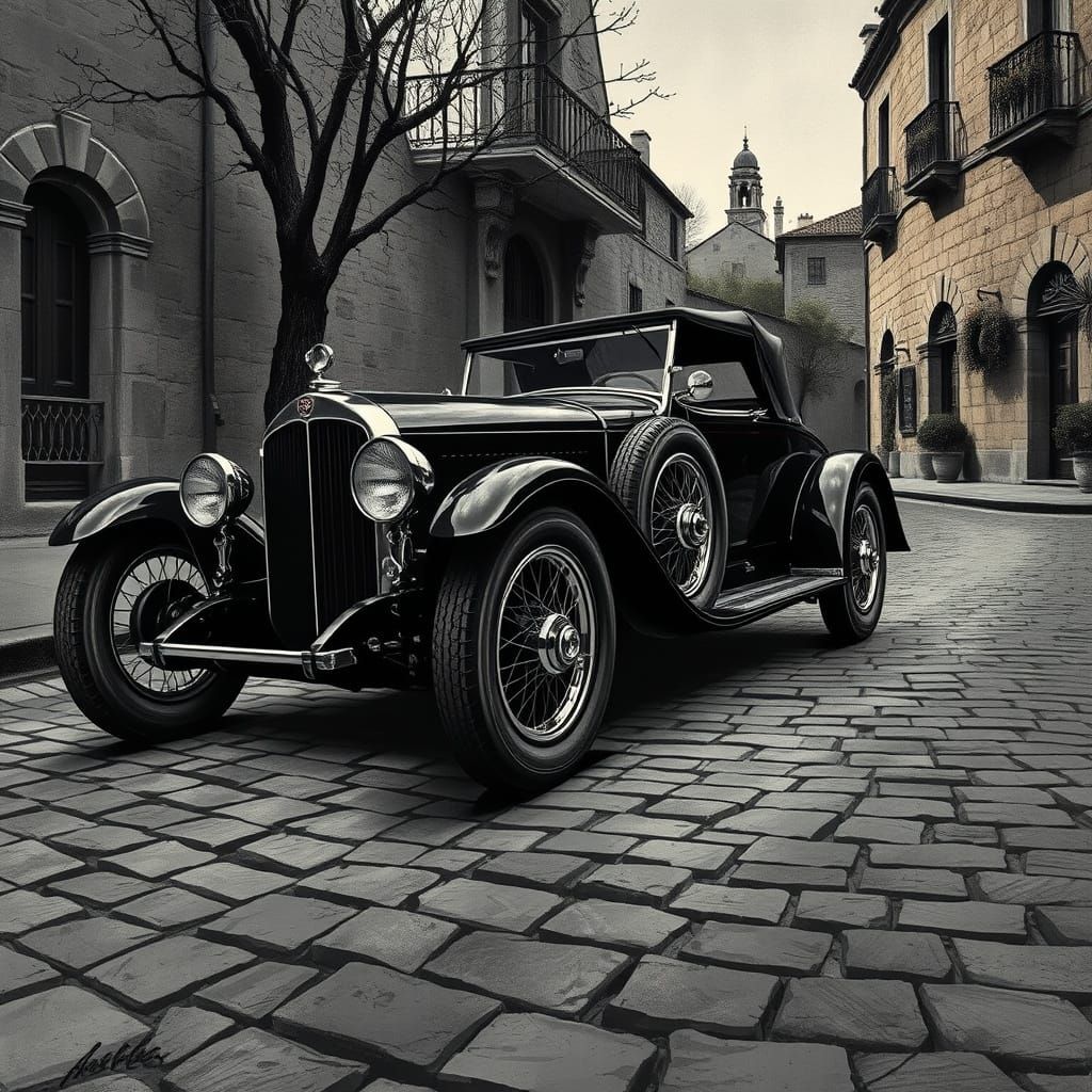 Vintage Roadster on Cobblestone, Charcoal Drawing