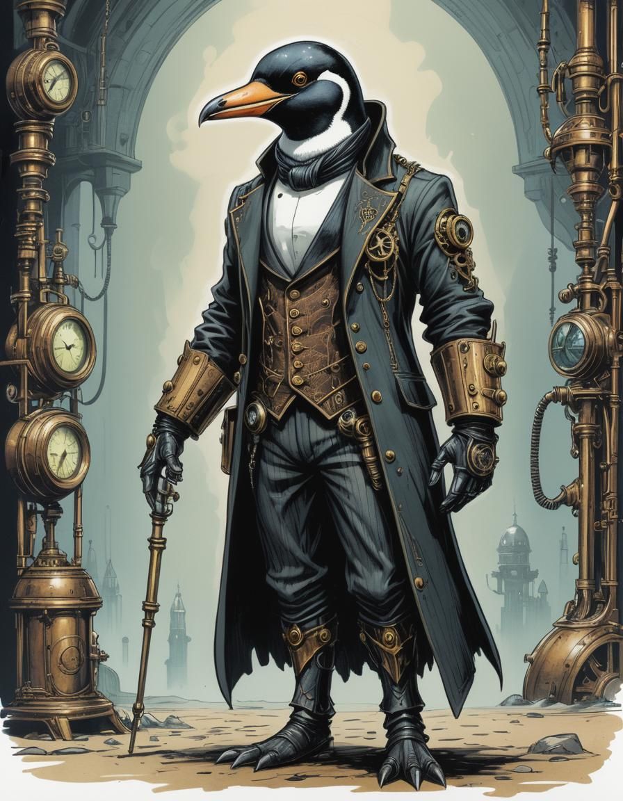 Steampunk Penguin in Neo-Victorian Comic Style