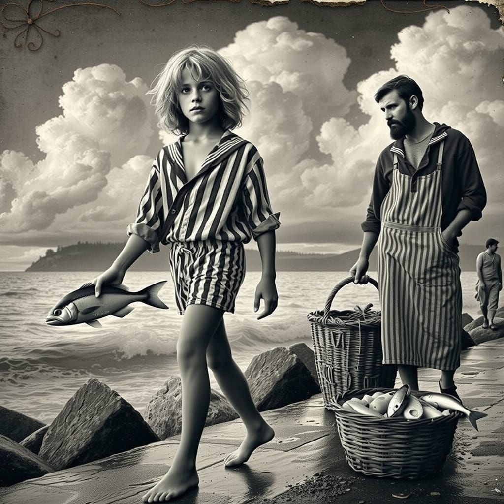 Boy Fishing on Rocky Shore in Classical Style