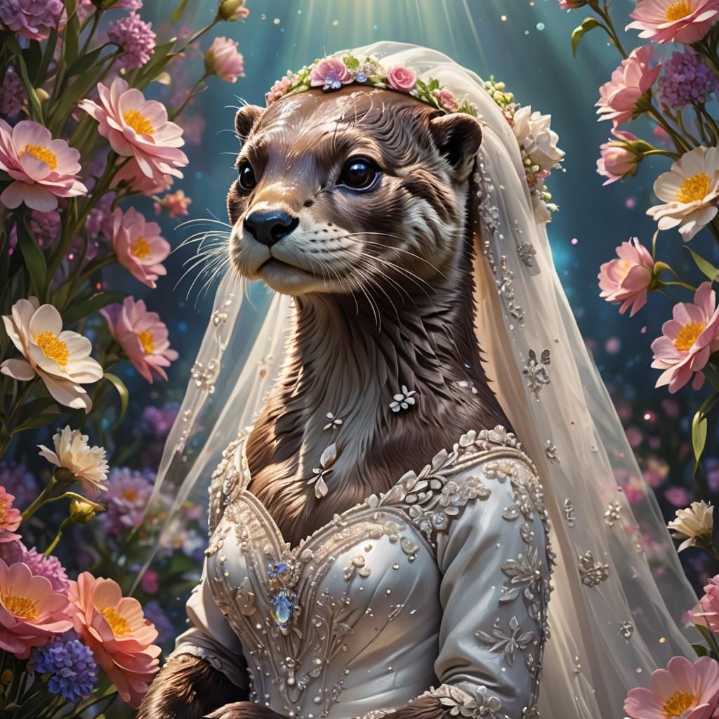 Otter Bride in Anime Style with Flowers