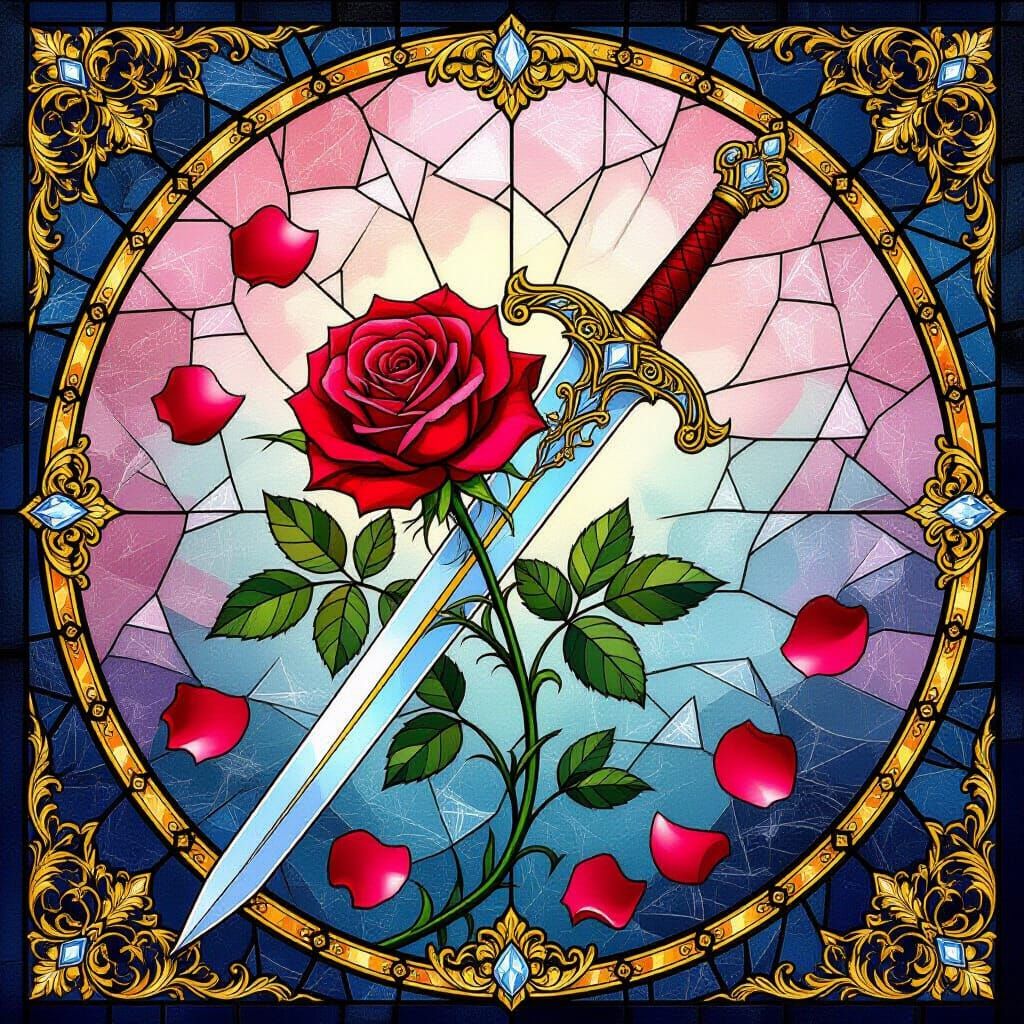 Rose and Sword Fairytale Illustration in Stained Glass Style