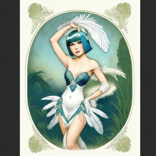 Feathered Flapper in Mucha and Erté Style