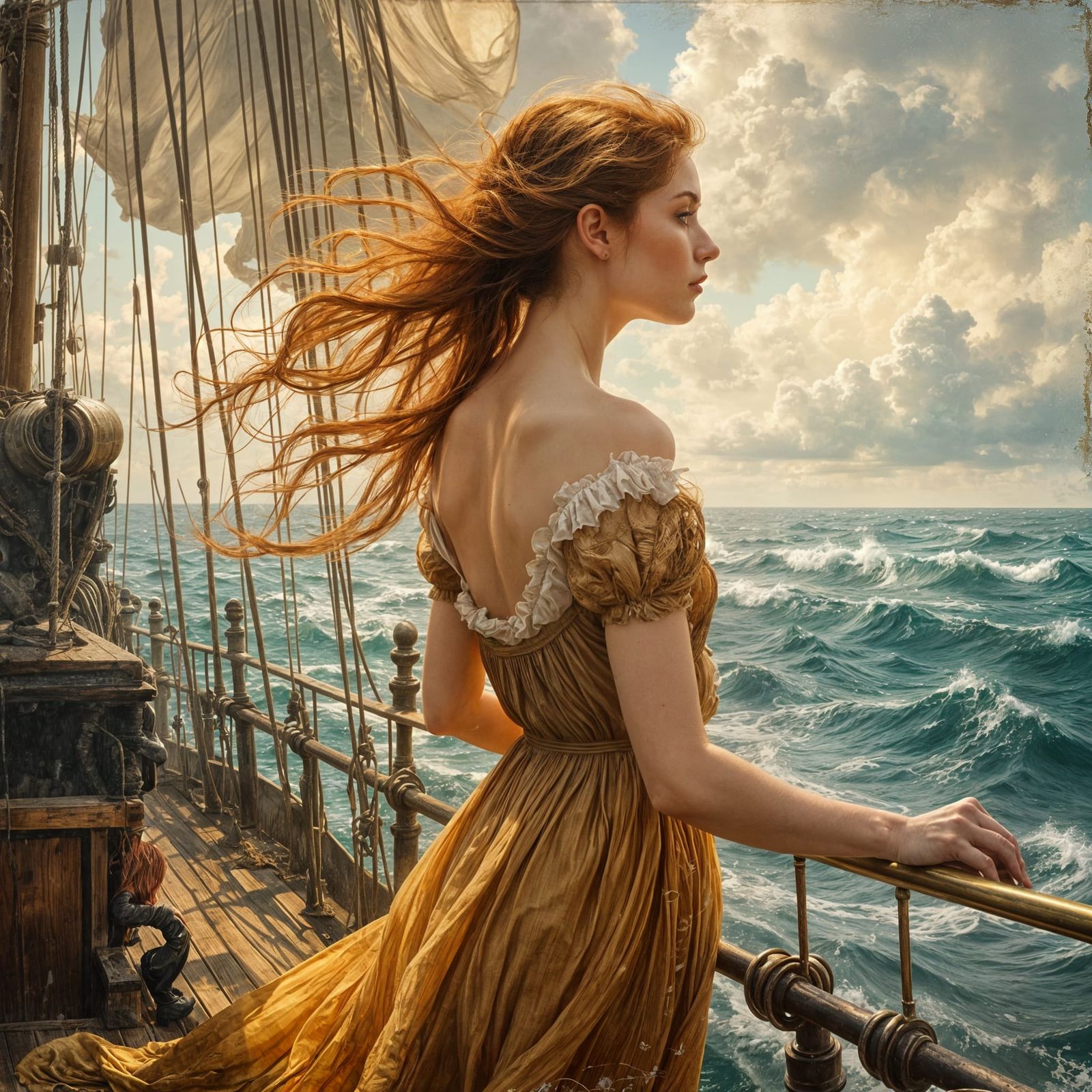 Woman on Ship Overlooking Stormy Seas