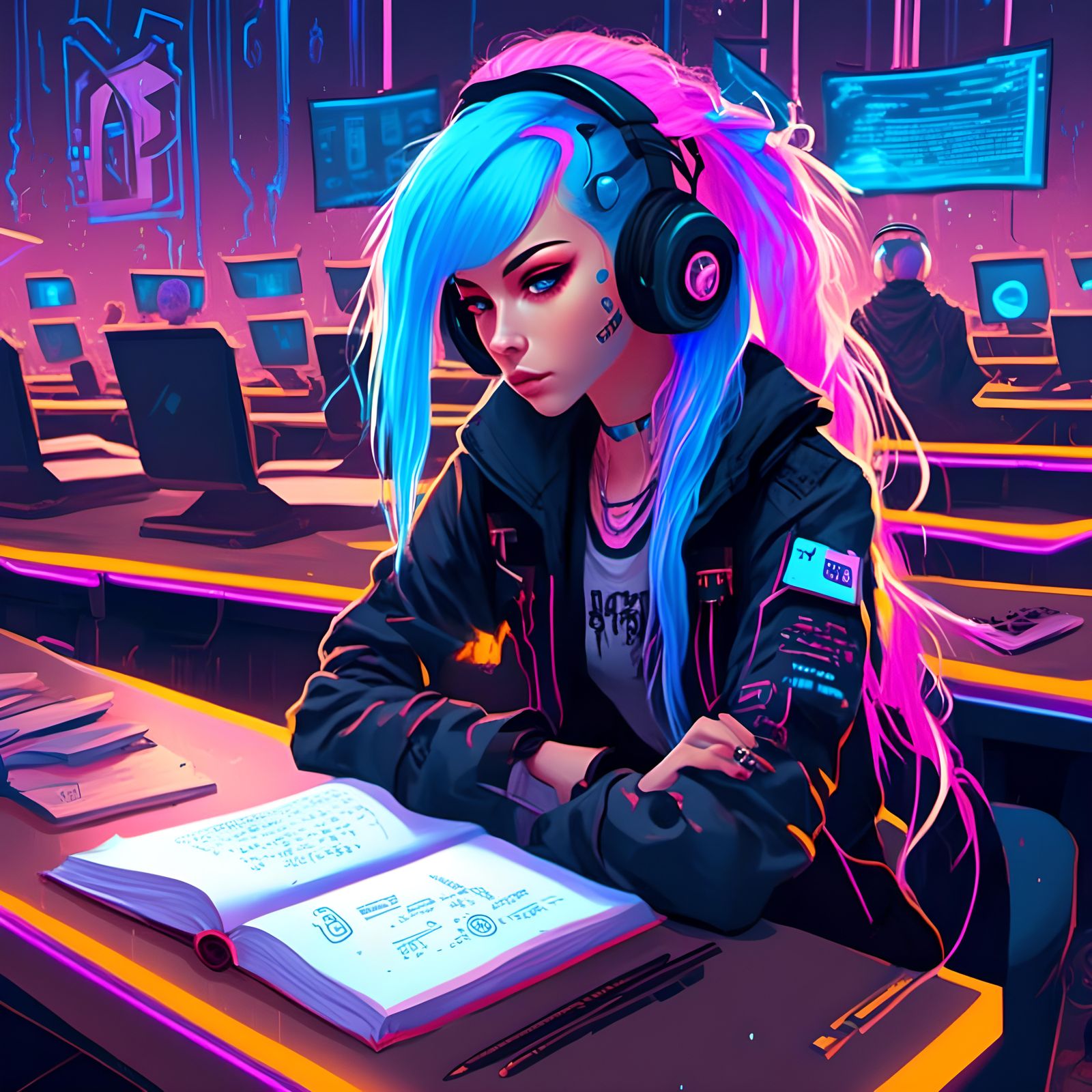 Cyberpunk Schoolgirl in Detention with Hologram