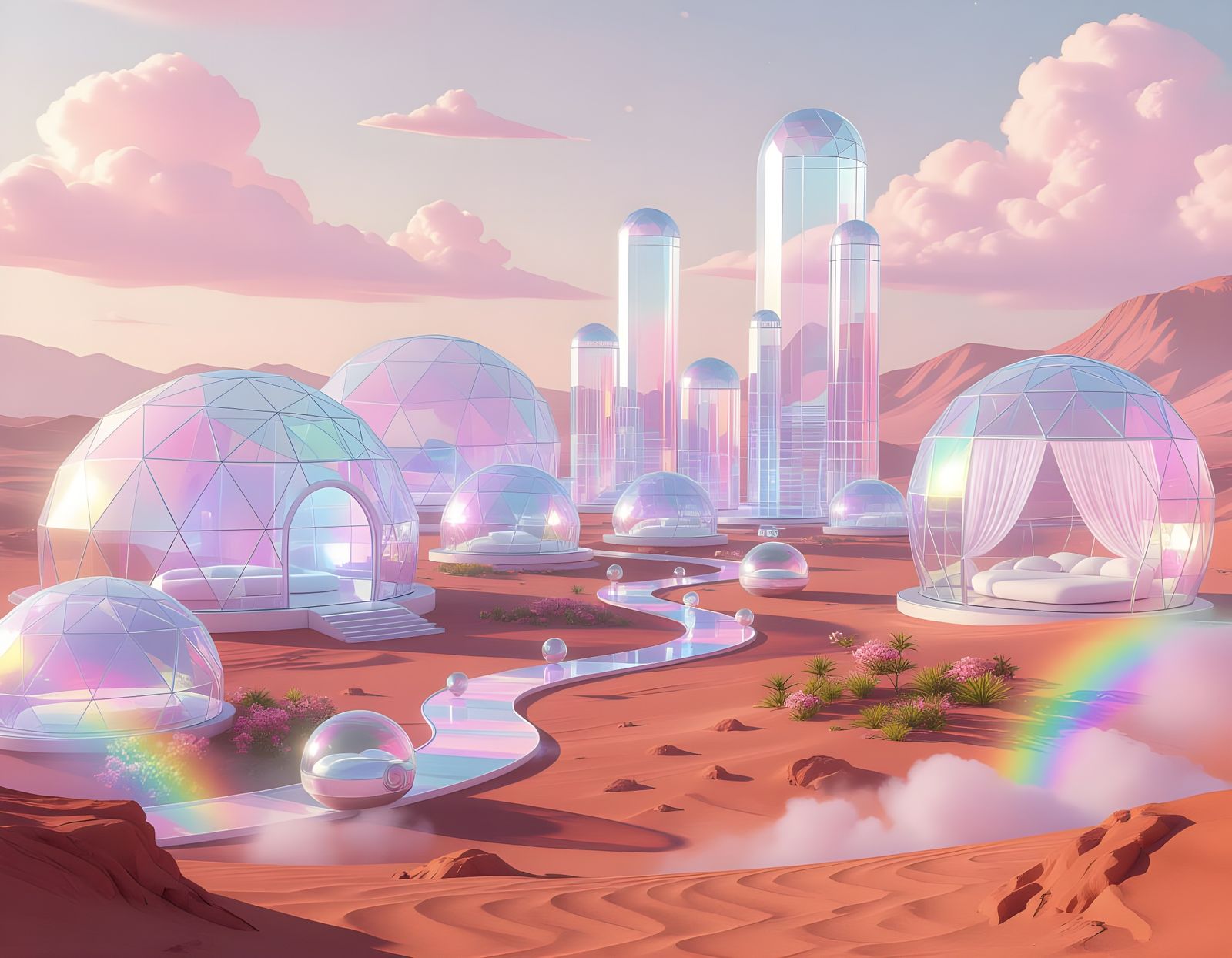Dreamy Pastel Mars City with Floating Crystal Domes