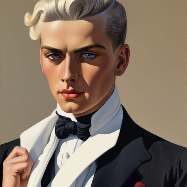 Blonde Haired Man on Beach in 1930s Illustration Style