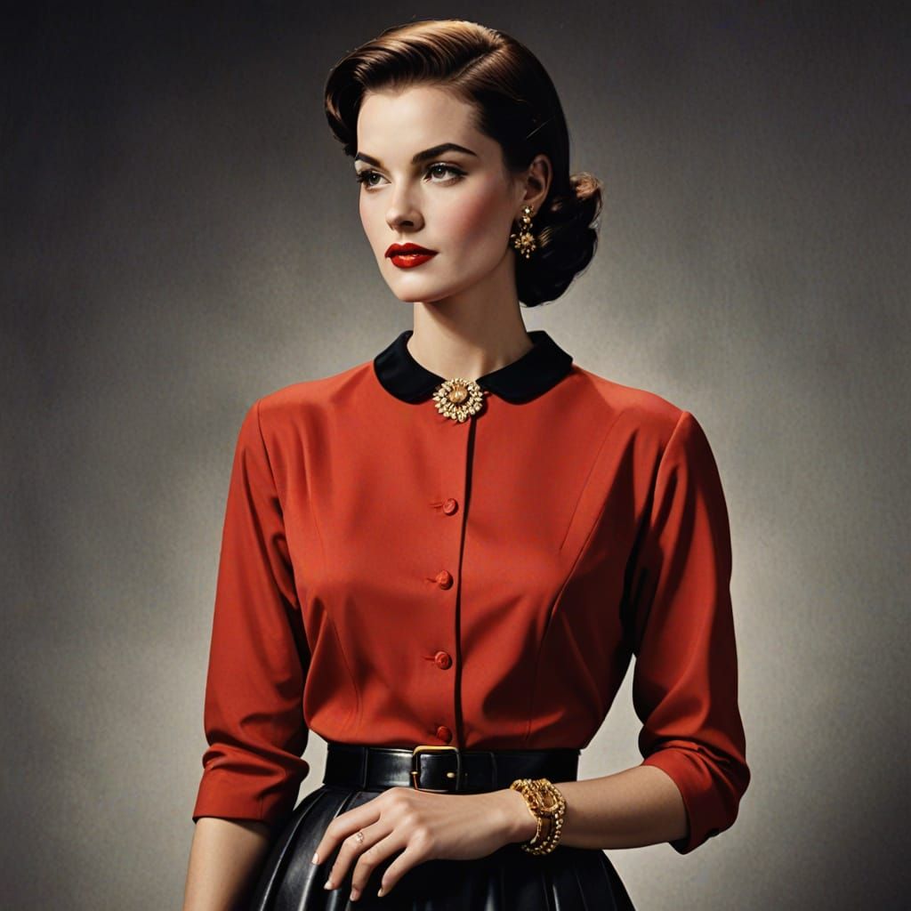 1950s Fashion Illustration of Model in Red Dress