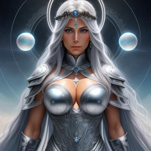 Celestial Warrior: Silver Tendrils and Ethereal Orbs