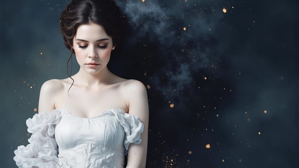 Ethereal Woman Swirling Smoke Illuminated by Twinkling Stars...