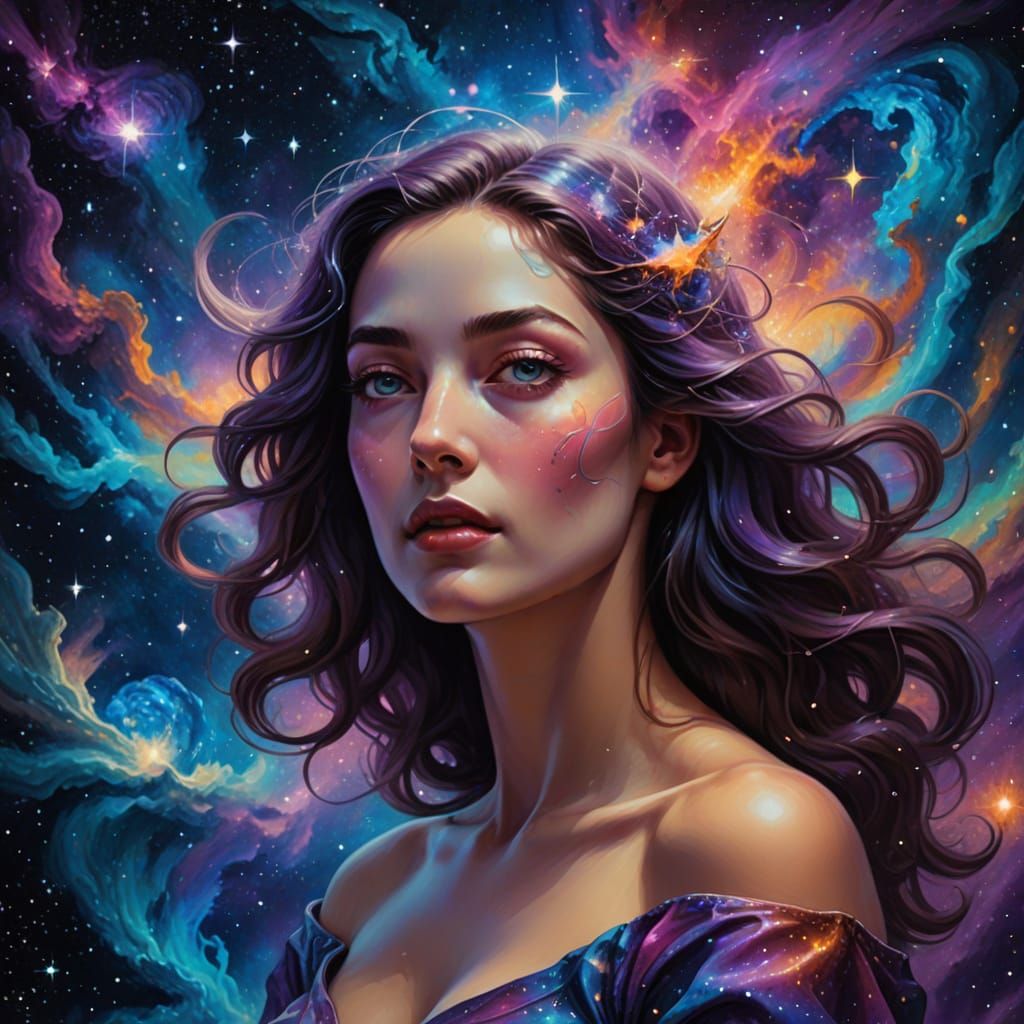 Cosmic Woman in Space: Surreal Oil Painting