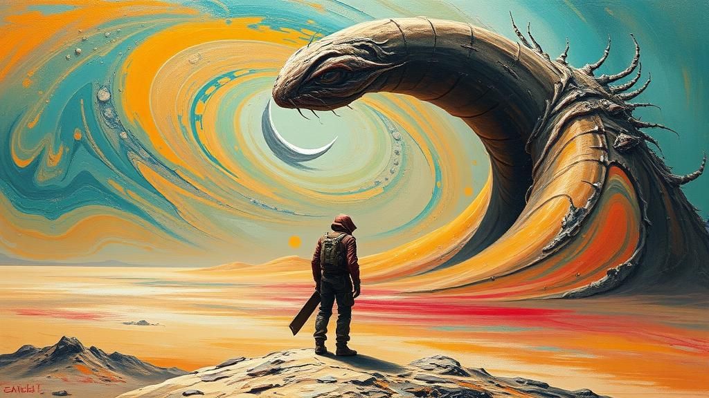 Arrakis: Solitary Figure and Sandworm in Surreal Desert
