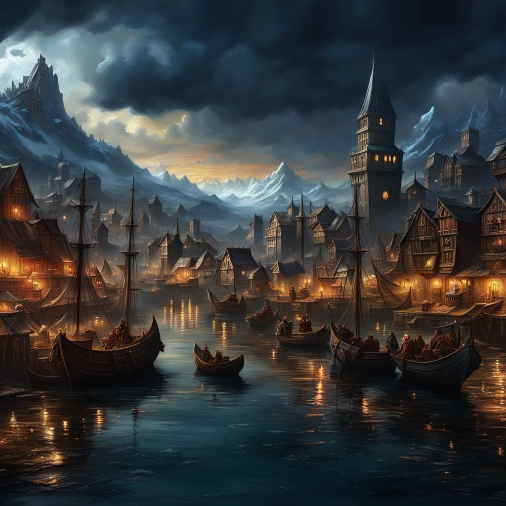 Medieval Port City with Fantasy Creatures