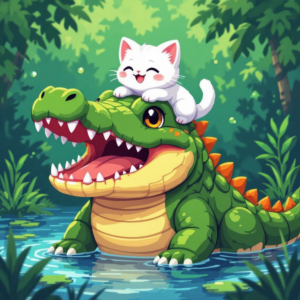 Cute Pixelart Crocodile with Kitten on Head