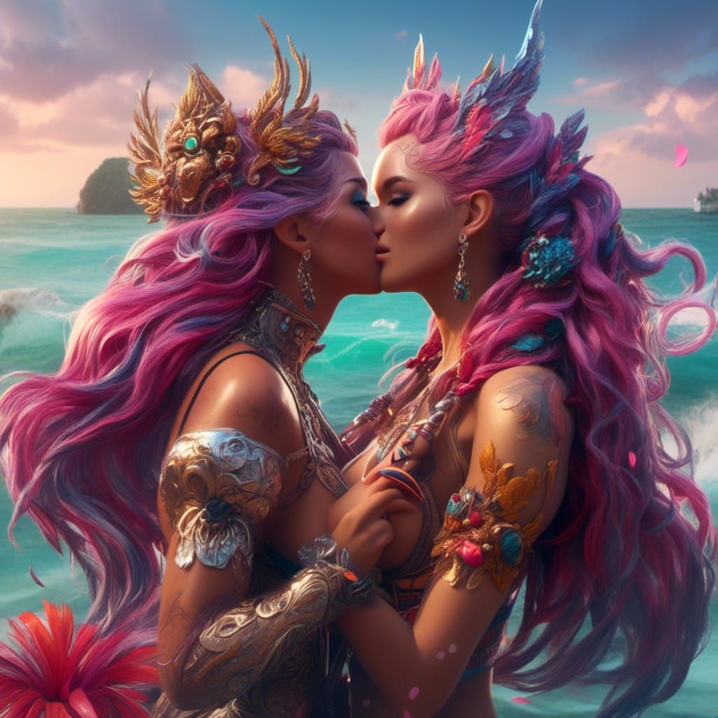 Lesbian Gamers Kissing on Beach, Fantasy Concept Art