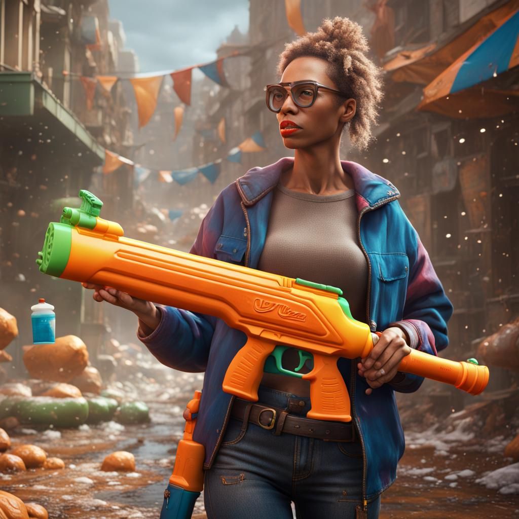 Woman with Mayo Super Soaker: Detailed Digital Painting