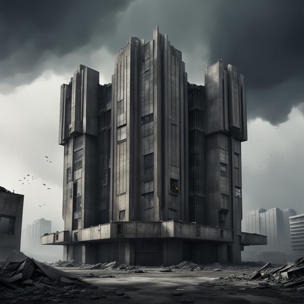 Post-Apocalyptic Brutalist Building in Cinematic Style