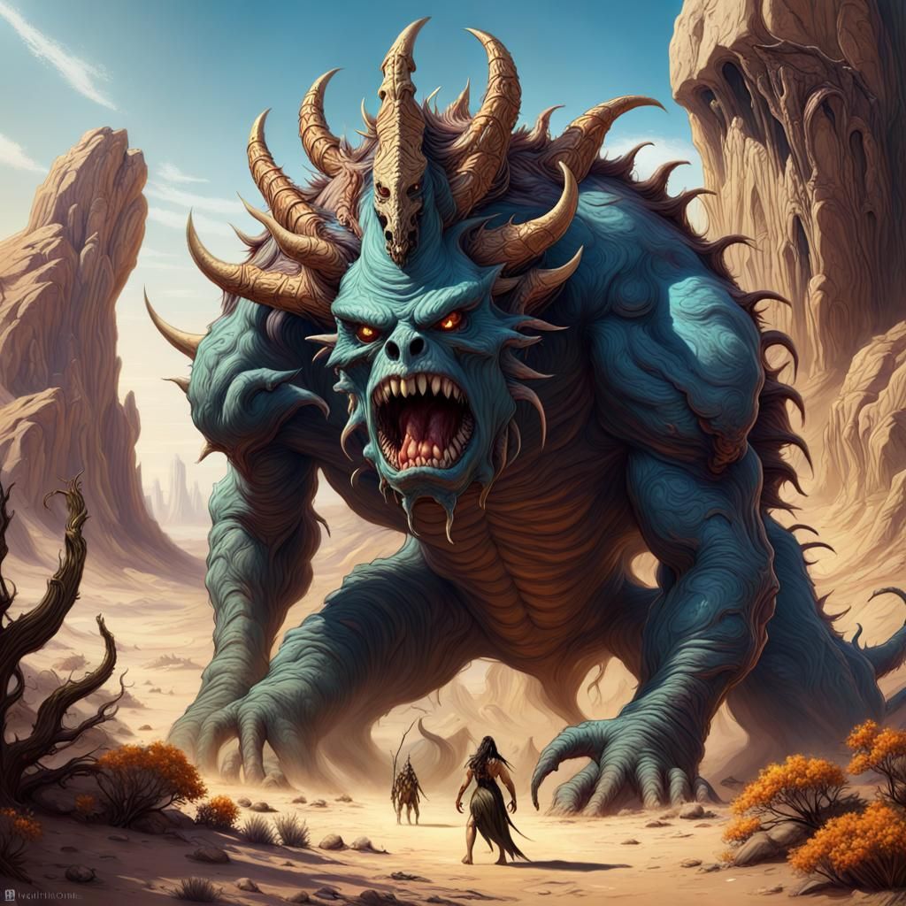 Giant Monster Protects Woman in Desert Landscape