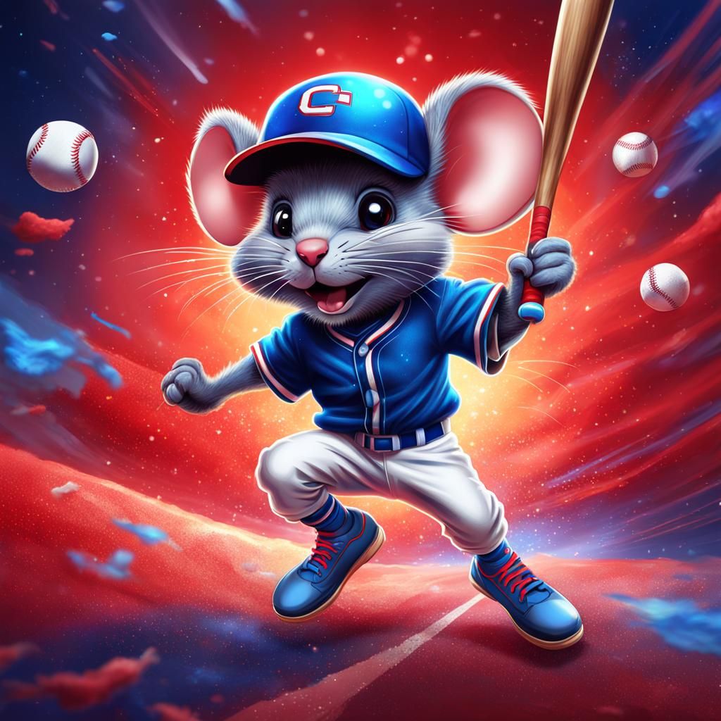 Mouse Baseball Player in Cosmic Illustration Style