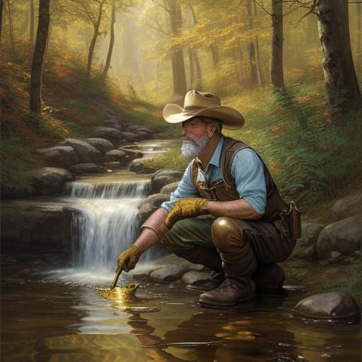 Prospector in Elegant Gold Rush Landscape