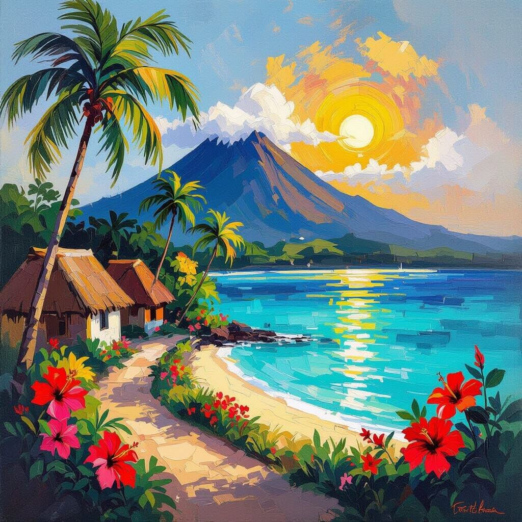 Polynesian Village in Fauvist Style with Hibiscus Flowers