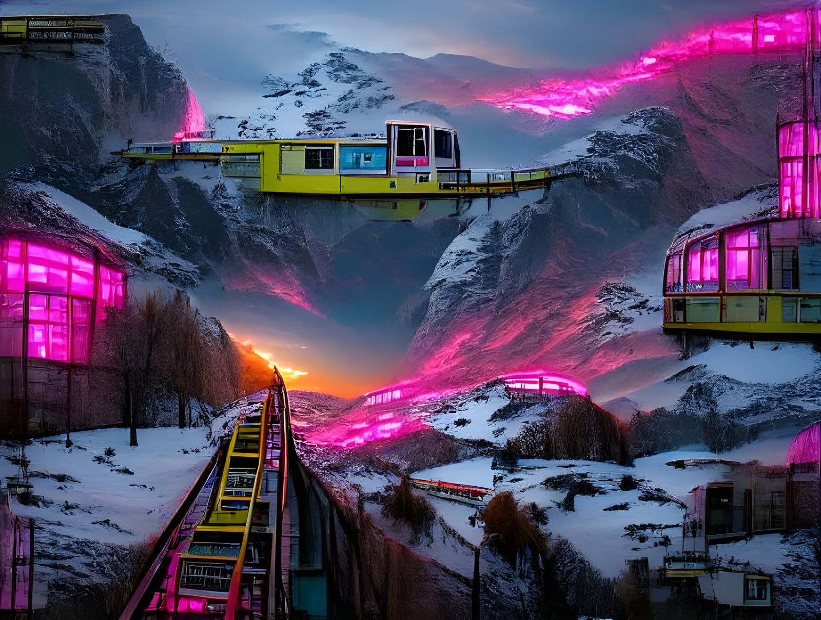 Cyberpunk Funicular at Sunset in Winter