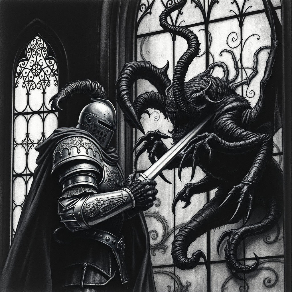 Knight Versus Demon in Gothic Horror Style